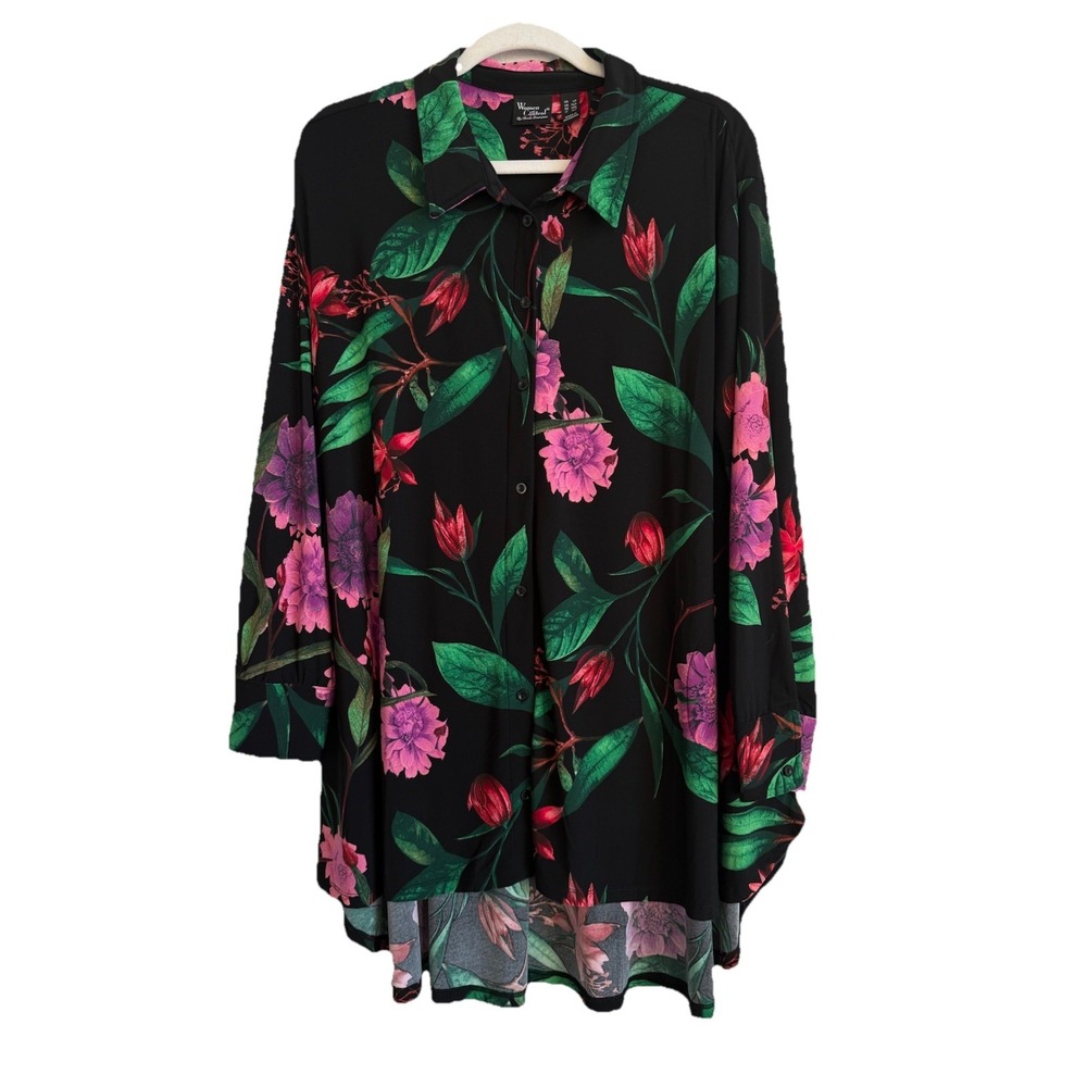 Women With Control Women's Black Long Sleeve Hi Low‎ Hem Floral Shirt Size LP